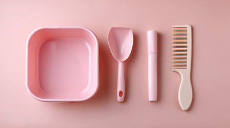 A collection of soft pink kitchen tools and accessories arranged neatly on a pink background. Ideal for modern home decor and organization inspiration.の素材
