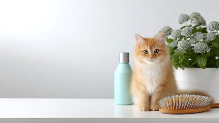 A charming fluffy ginger cat sits on a minimalist white surface beside a grooming brush and a mint-colored shampoo bottle, radiating cuteness.の素材