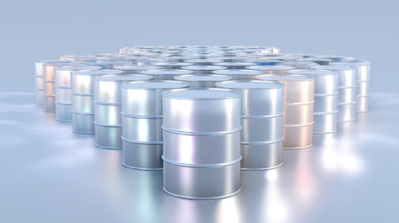 An artistic view of metallic storage drums arranged in an appealing abstract formation on a sleek reflective surface, creating a modern industrial aesthetic.の素材