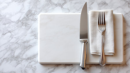 An elegant kitchen setting featuring a knife, fork, and neatly arranged napkin on a smooth marble countertop. Ideal for cooking and dining.の素材