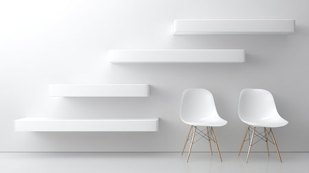 A sleek and modern interior showcases white floating shelves arranged in a geometric layout paired with stylish chairs, perfect for contemporary living spaces.の素材