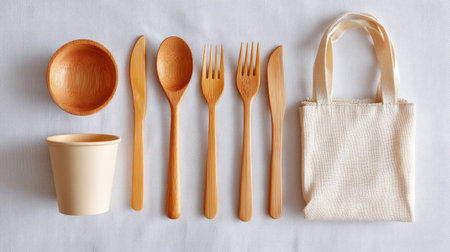 This image showcases an eco-friendly tableware set featuring wooden cutlery, a bowl, a cup, and a fabric bag, ideal for sustainable living and dining contexts.の素材