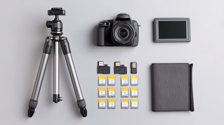 A neatly arranged camera setup with a DSLR, tripod, memory cards, and accessories on a neutral background, perfect for photography enthusiasts and professionals.の素材