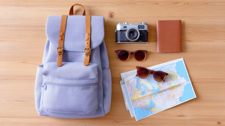 A captivating flat lay of stylish travel essentials, including a soft backpack, vintage camera, sunglasses, and a detailed map, perfect for adventure seekers.の素材