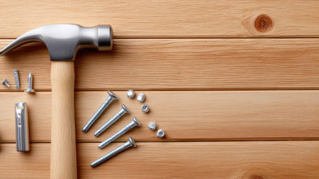 A close-up view of a hammer resting on a wooden surface alongside various screws. This image captures the essence of DIY projects and home improvement.の素材