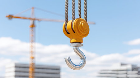 A close-up view of a construction crane hook suspended against a blue sky, showcasing industrial equipment during a building project. The background reveals a construction site, emphasizing the machinery's critical role in urban development.の素材