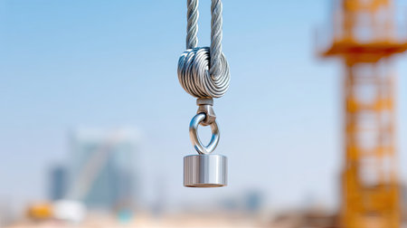 A detailed view of a metallic pulley secured with a sturdy cable, highlighting construction work's intricate tools against a vibrant skyline.の素材