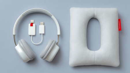 A stylish pair of modern headphones alongside a charging cable and a soft pillow, designed for comfort and convenience in audio enjoyment. Ideal for relaxation or travel.の素材