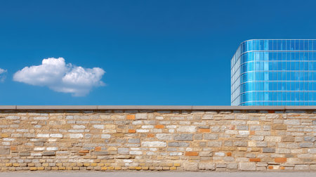 A captivating image showcasing a modern building with reflective glass against a bright blue sky, accompanied by a textured stone wall and soft clouds.の素材