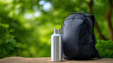 A stylish black backpack sits next to a shiny metal water bottle on a rock, surrounded by lush greenery, symbolizing adventure and hydration in nature.の素材