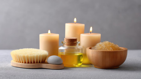 A serene collection of spa essentials arranged for relaxation. Candles glow softly next to oils, brushes, and natural ingredients, ideal for self-care.の素材