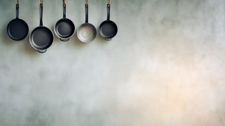 A collection of sleek frying pans suspended on a kitchen wall creates a stylish and minimalist cooking atmosphere. The subtle background enhances the visual appeal.の素材
