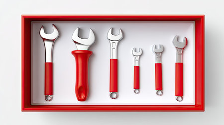 A vibrant red toolbox displays a carefully arranged set of six shiny metal wrenches with comfortable grips, perfect for various repair and maintenance tasks.の素材