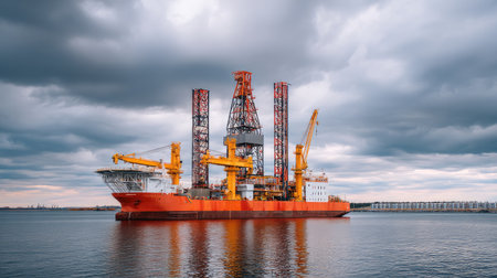 A large offshore drilling rig towers above calm waters, surrounded by stormy skies. The advanced machinery emphasizes the energy sector's pivotal role in modern industry.の素材