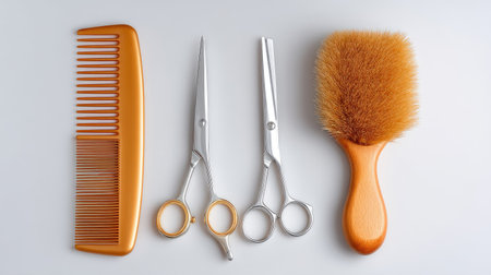 A neat arrangement of essential hair styling tools including a comb, scissors, and a brush on a light background, perfect for hairdressers and barbers.の素材