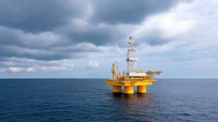 A striking image of an offshore drilling rig positioned in the vast ocean, surrounded by a dramatic sky filled with clouds, showcasing the energy industry at work.の素材