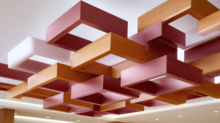 This striking image showcases a modern architectural ceiling design featuring geometric wooden and colored panels, enhancing the aesthetic of contemporary interiors.の素材