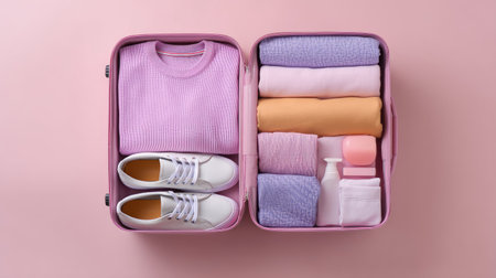 A stylish pink suitcase is packed with folded clothing and a pair of white shoes, creating an organized and attractive travel setup against a soft pastel background.の素材