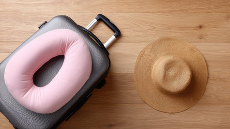 A sleek suitcase featuring a pink travel pillow and a stylish straw hat, perfect for comfort and style on any adventure or vacation.の素材