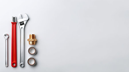 A collection of hand tools including wrenches and plumbing fittings arranged neatly on a clean surface, ideal for maintenance and repair projects.の素材