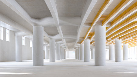 A vast, empty interior showcasing concrete pillars and wooden beams, perfect for architectural design inspiration or creative projects in minimalist spaces.の素材