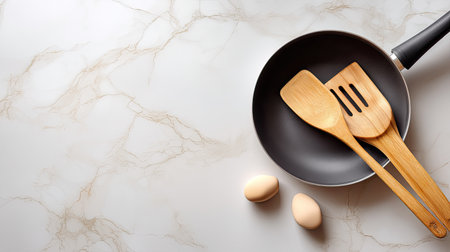 A stylish frying pan with wooden utensils sits next to two fresh eggs on a smooth marble surface, perfect for culinary creativity and meal preparation.の素材