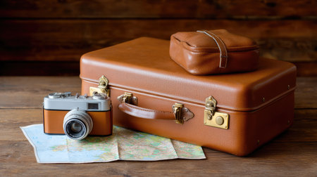 A stylish vintage leather suitcase sits on a wooden table alongside a classic camera and a folded map, perfect for inspiring travel adventures.の素材