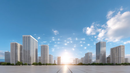 Captivating modern cityscape featuring tall high-rise buildings reaching towards a bright horizon, symbolizing innovation and urban growth under a clear blue sky.の素材