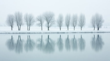 Abstract reflections of trees on a lake, subtle and artistic nature background with copy spaceの素材