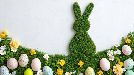 A bunny silhouette made from soft grass, surrounded by vibrant pastel-colored Easter eggs and flowers, leaving open space for creative messages or designsの素材