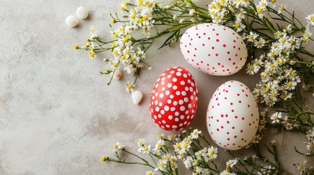 An Easter greeting card featuring floral accents and decorated Easter eggs, placed on a neutral background with plenty of open space for custom text or festive copyの素材