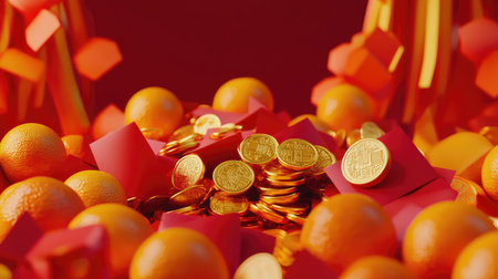A beautifully arranged Chinese New Year scene with red envelopes, golden coins, and oranges, leaving space in the middle for messages or graphicsの素材