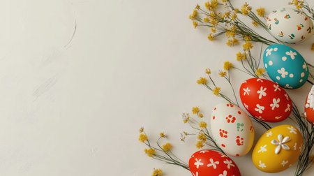 A charming Easter greeting card with colorful eggs and spring flowers, placed on a light-colored surface with ample open space for festive text or seasonal greetingsの素材