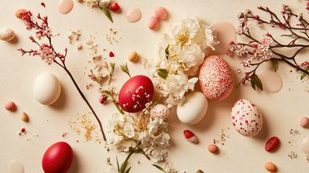 A close-up of Easter-themed decorations, including colorful painted eggs and delicate floral arrangements, placed on a clean, neutral background, leaving ample space for creative textの素材