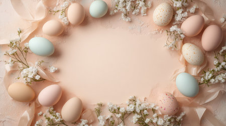 A charming Easter greeting card surrounded by pastel-colored Easter eggs, ribbons, and soft flowers, with open space around it for creative text or holiday copyの素材