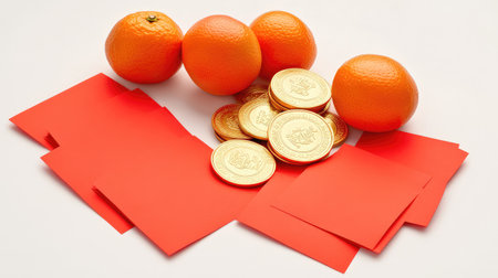 A Chinese New Year celebration setup with red envelopes, gold coins, and oranges, with ample space in the center for custom text or graphicsの素材