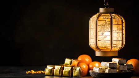 A Chinese lantern glowing softly in a dark environment, surrounded by oranges and gold ingots, with ample space in the foreground for creative designsの素材