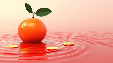 A Chinese New Year celebration setup with red envelopes, gold coins, and oranges, with ample space in the center for custom text or graphicsの素材