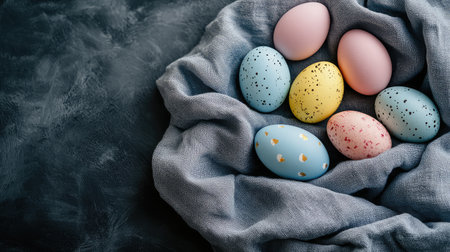 A collection of colorful Easter eggs arranged on a soft cloth, with space around them for holiday greetings, messages, or custom designsの素材