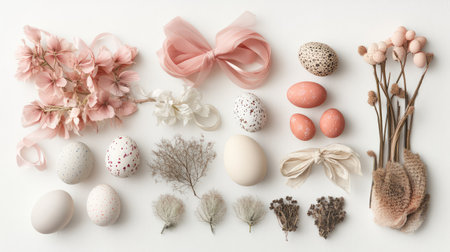 A collection of Easter decorations including painted eggs, delicate ribbons, and soft spring flowers arranged on a clean white background with room for festive copyの素材