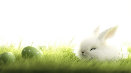 A fluffy Easter bunny with soft green grass and Easter eggs in the background, leaving plenty of copy space for custom text or festive greetingsの素材