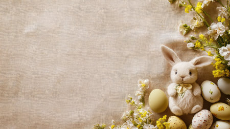 A cute bunny surrounded by Easter eggs and spring flowers, placed on a soft cloth background, leaving plenty of space for creative text or designsの素材