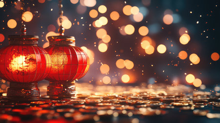 A dark and vibrant Chinese New Year background with gold coins and red lanterns, leaving space for creative messages or festive designsの素材