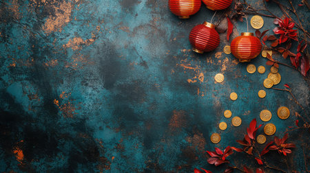 A dark and vibrant Chinese New Year background with gold coins and red lanterns, leaving space for creative messages or festive designsの素材