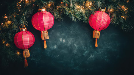 A dark background with Chinese New Year decorations such as red lanterns and gold ingots, with empty space for a festive greeting or artworkの素材