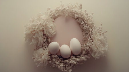 A delicate Easter greeting card surrounded by a soft wreath of flowers and Easter eggs, leaving open space on the card for custom text and holiday greetingsの素材