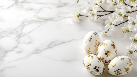 A delicate Easter greeting card with floral accents and decorated eggs, placed on a clean, soft surface, offering space for personalized Easter messages or festive textの素材