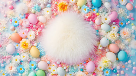 A fluffy bunny tail surrounded by colorful Easter eggs, with pastel flowers scattered around, leaving plenty of space for customized messages or designsの素材