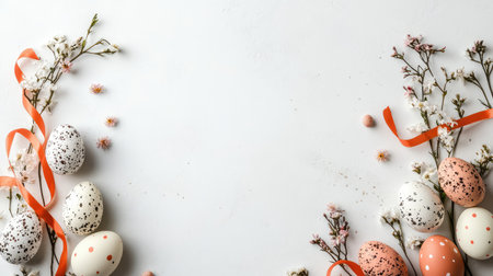 A decorative arrangement of Easter eggs, ribbons, and spring flowers placed on a clean white surface, with ample room for custom messages or holiday copyの素材