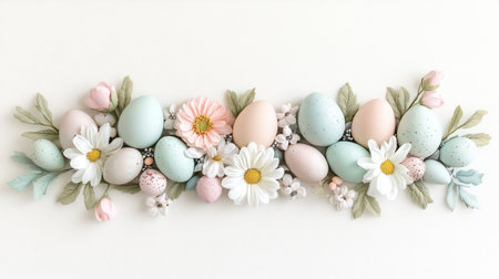 A delicate arrangement of Easter-themed decorations, including painted eggs and pastel flowers, placed on a clean white surface, leaving ample room for custom textの素材